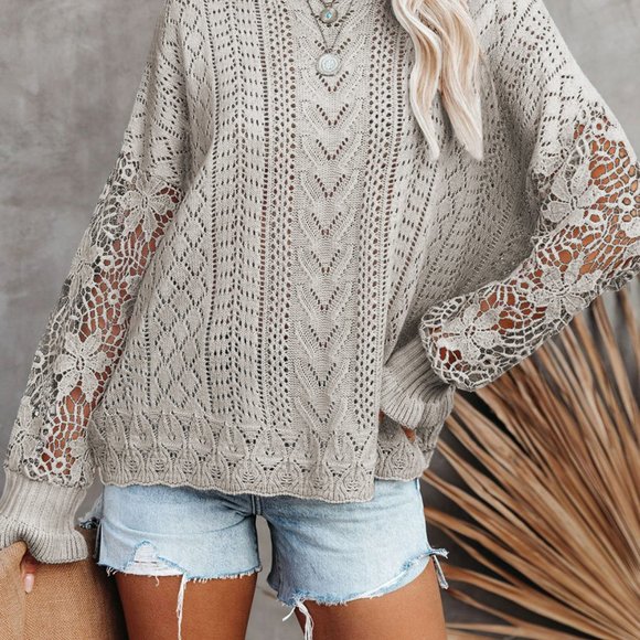 Women's Gray Bohemian Crochet Long Sleeve Light Sweater NWT - Picture 4 of 9